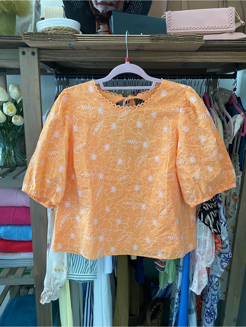 LOFT Women's Orange Floral Embroidered Puff-Sleeve Top